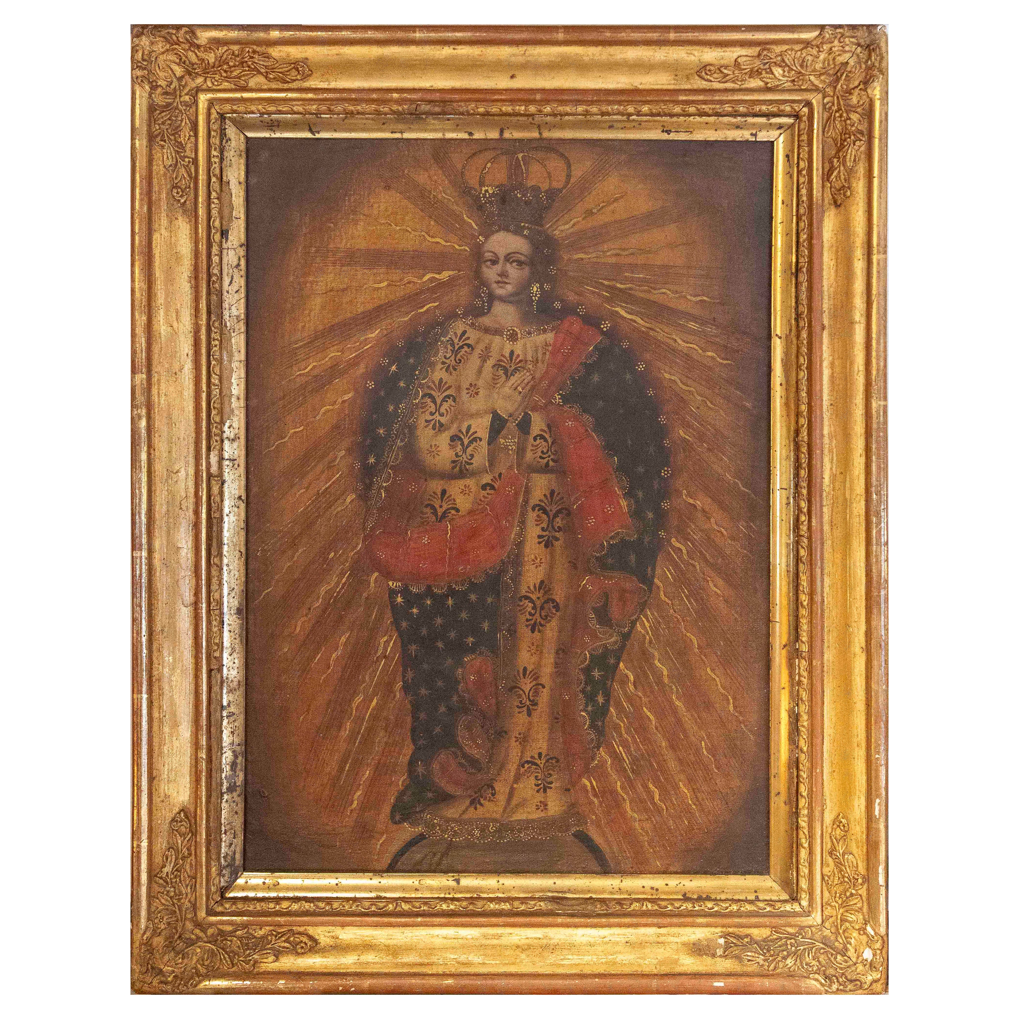 19th Colonial Oil Painting of the Virgin with Golden Rays and a Gold Leaf Frame For Sale