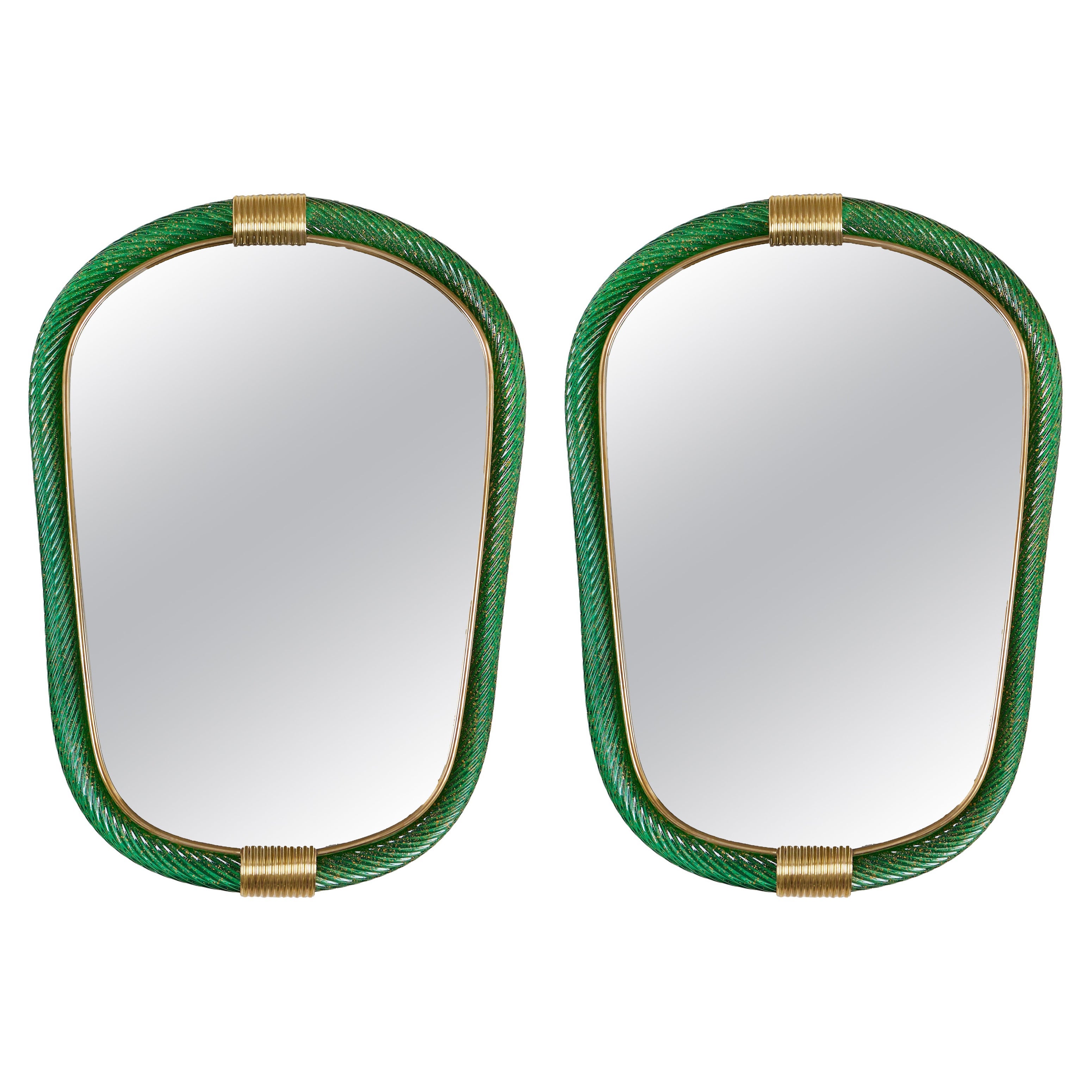 Pair emerald green Murano twisted rope 'Firenze' mirror in Barovier e Toso style