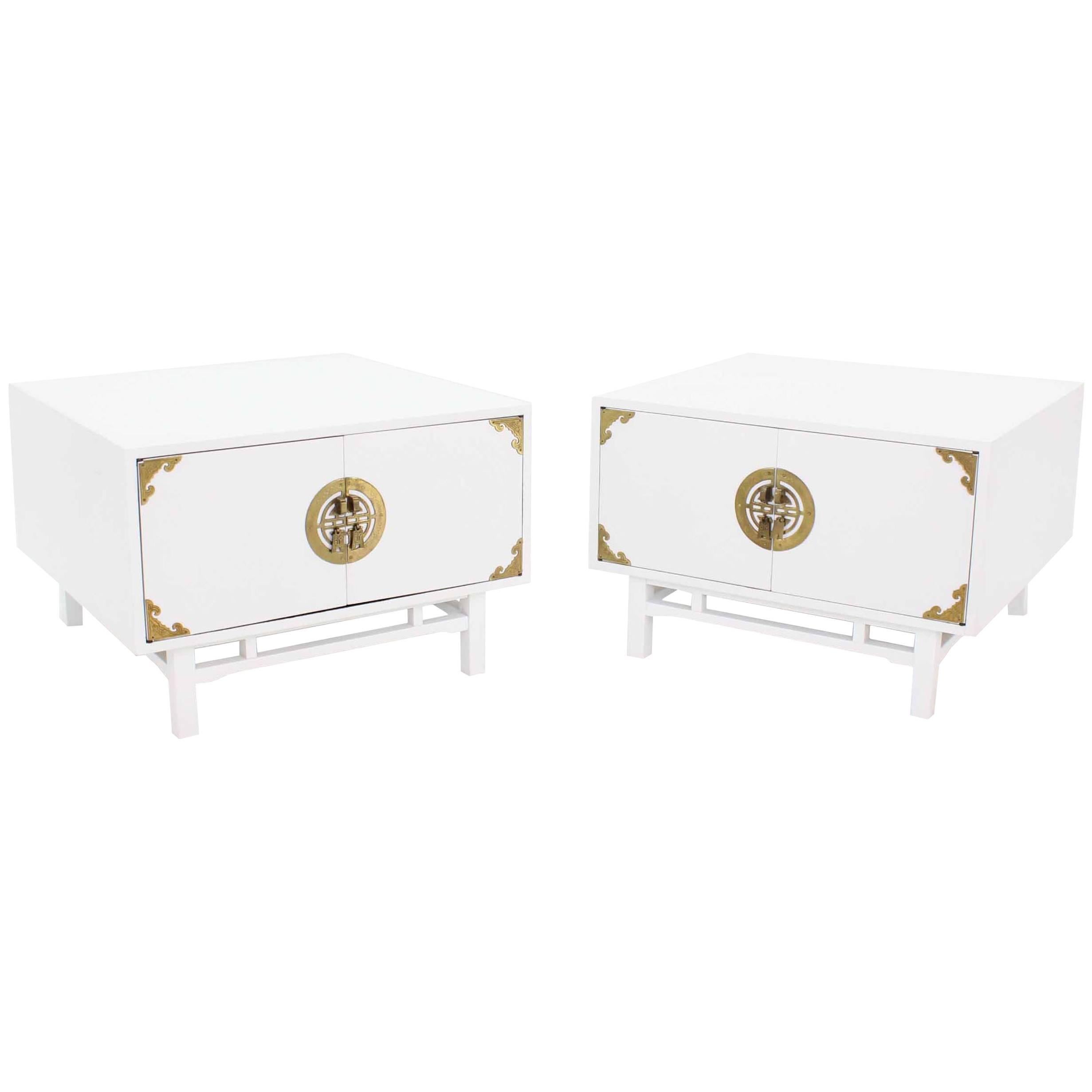 Pair Large Square White Lacquer End Side Tables Campaign Style Brass Pulls