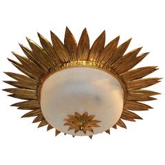 Wonderful Bagues Gilt Metal Sunburst Floral Flush Mount Frosted Glass Fixture