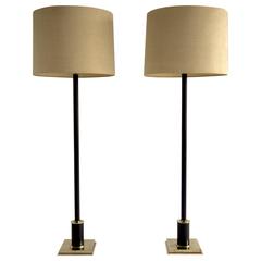 Pair of Maison Charles Floor Lamps Brass and Leather