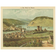 Antique Chromolithograph of the Rhine at Bingen with Castle and Vineyards, c1885