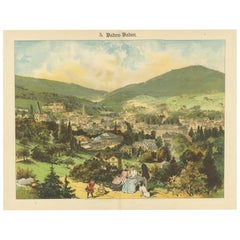 Antique Chromolithograph of Baden-Baden Spa Town with Black Forest Hills, c.1885