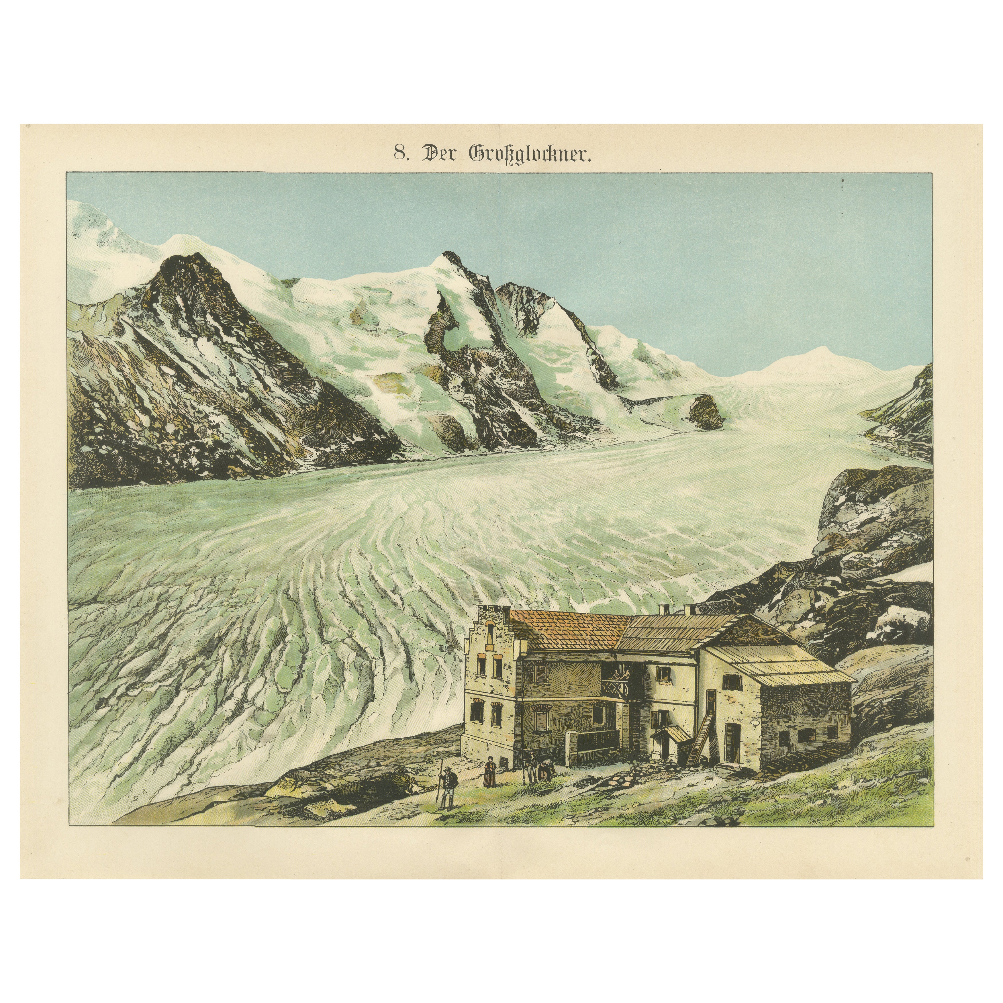 Antique Chromolithograph of the Großglockner Glacier and Alpine Lodge, ca. 1885