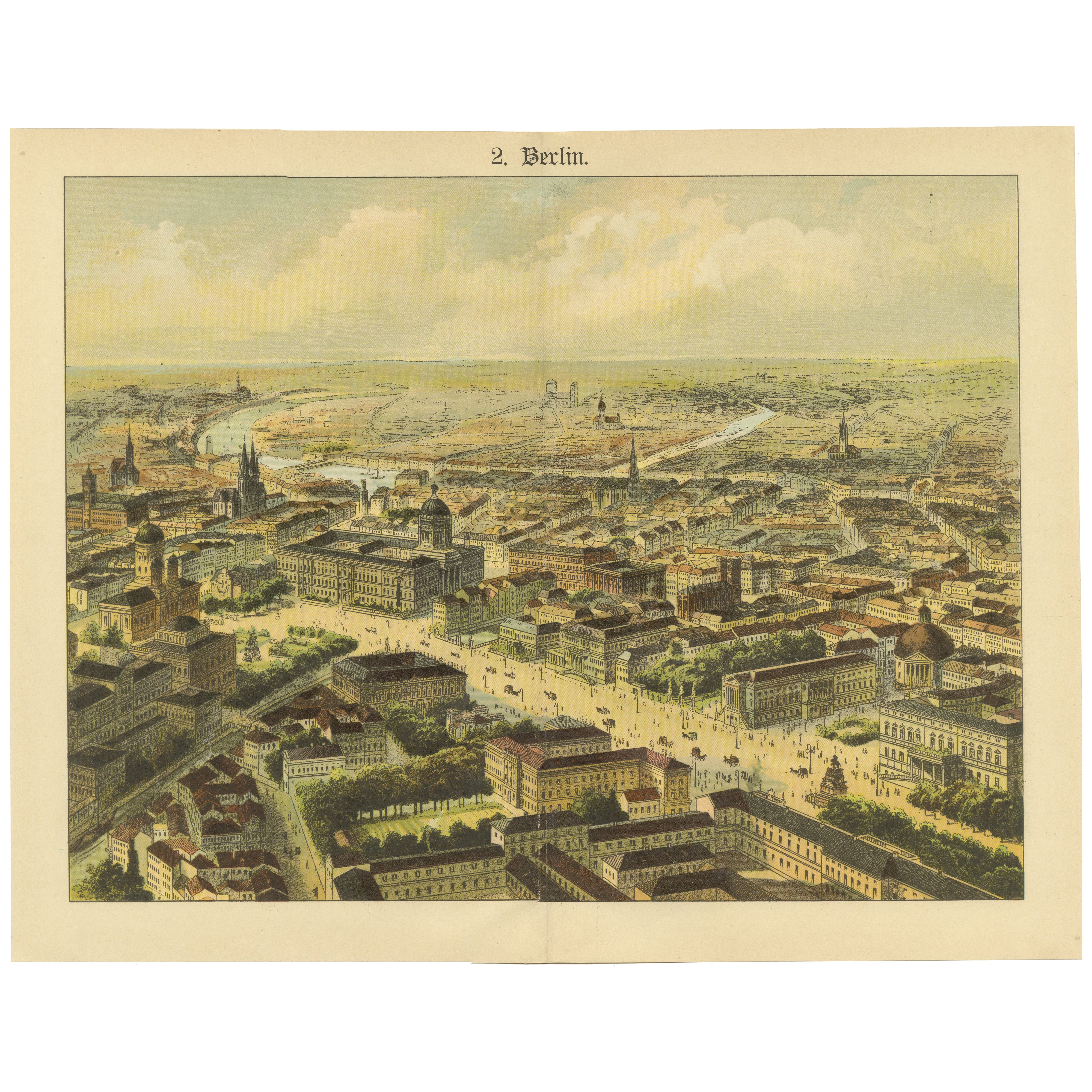 Antique Chromolithograph Bird’s Eye View of Berlin, Germany, circa 1885 For Sale