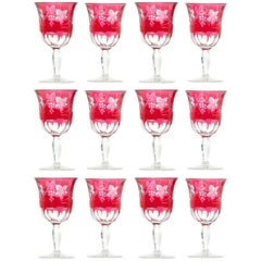 12 American Cut Crystal Cranberry Water Goblets