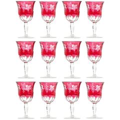 12 American Cut Crystal Cranberry Water Goblets 11