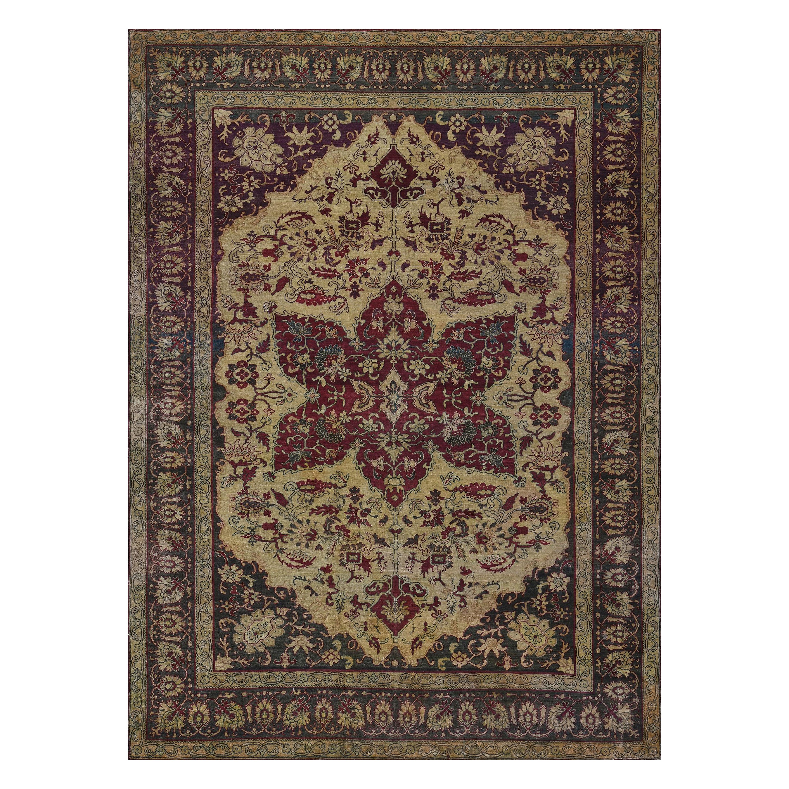 Antique Hand-Knotted Burgandy Floral Wool Agra Rug For Sale