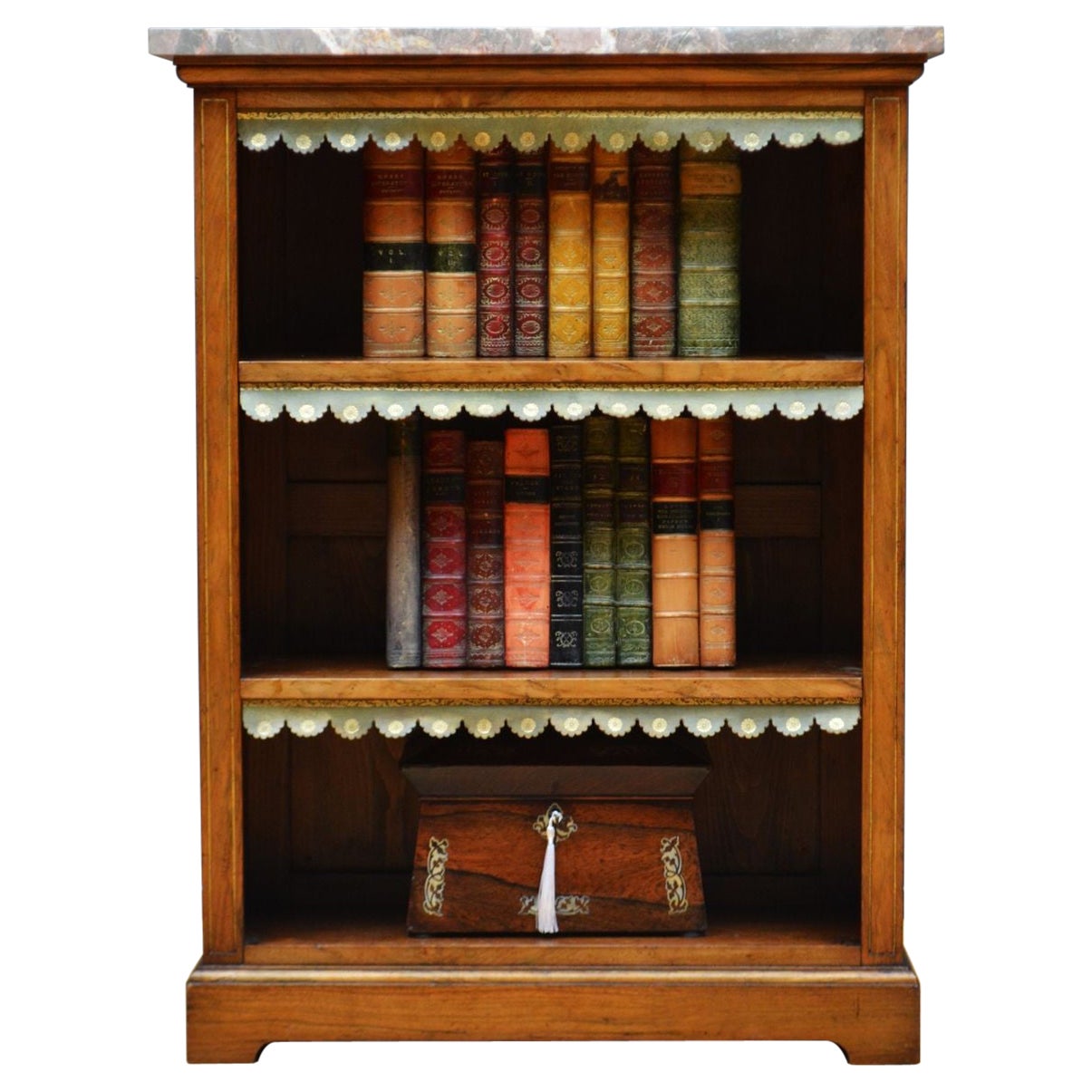 English Figured Walnut Open Bookcase with Marble Top For Sale