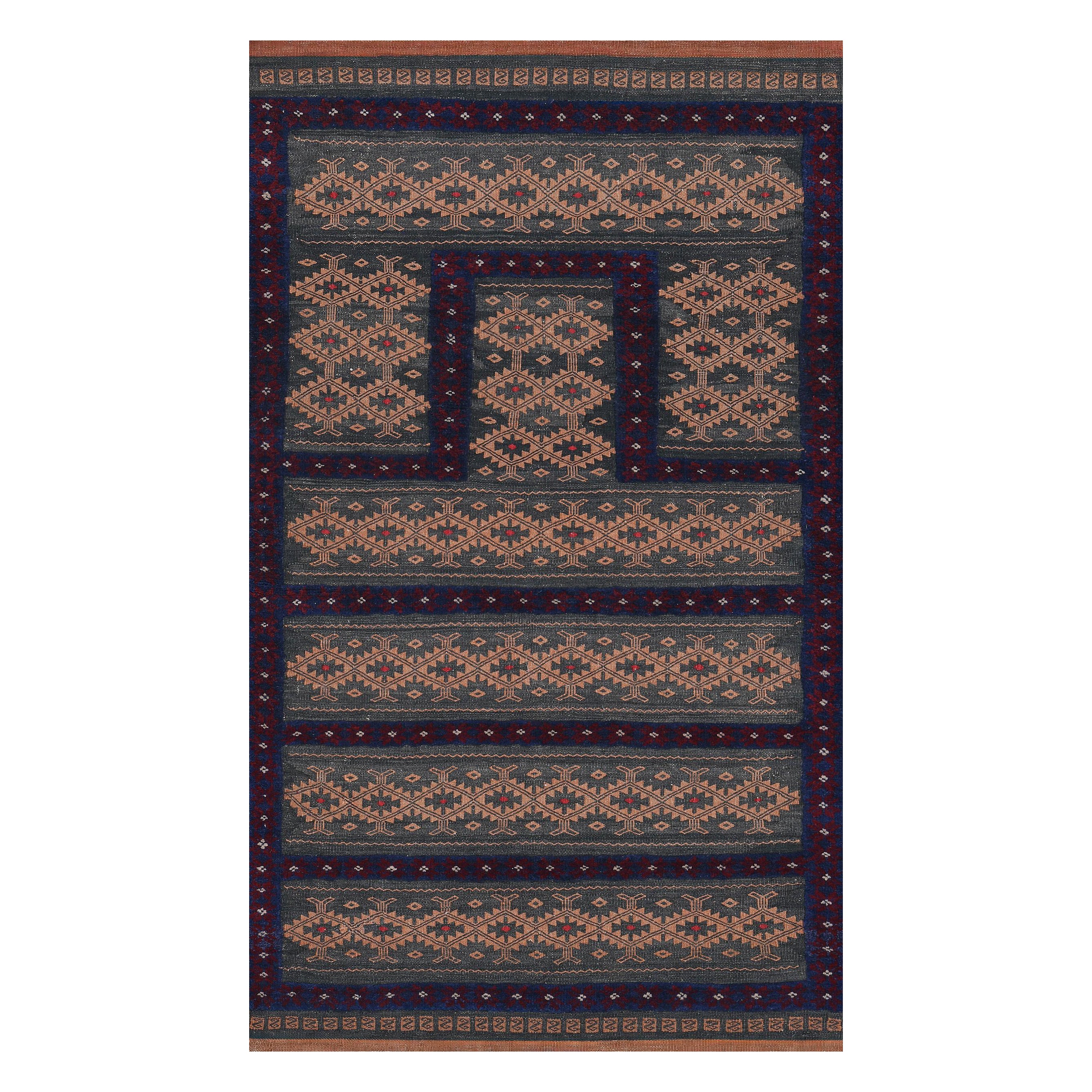 Vintage Hand-Knotted Steel-Blue and Dusty-Pink Wool Persian Baloch Flatweave Rug For Sale