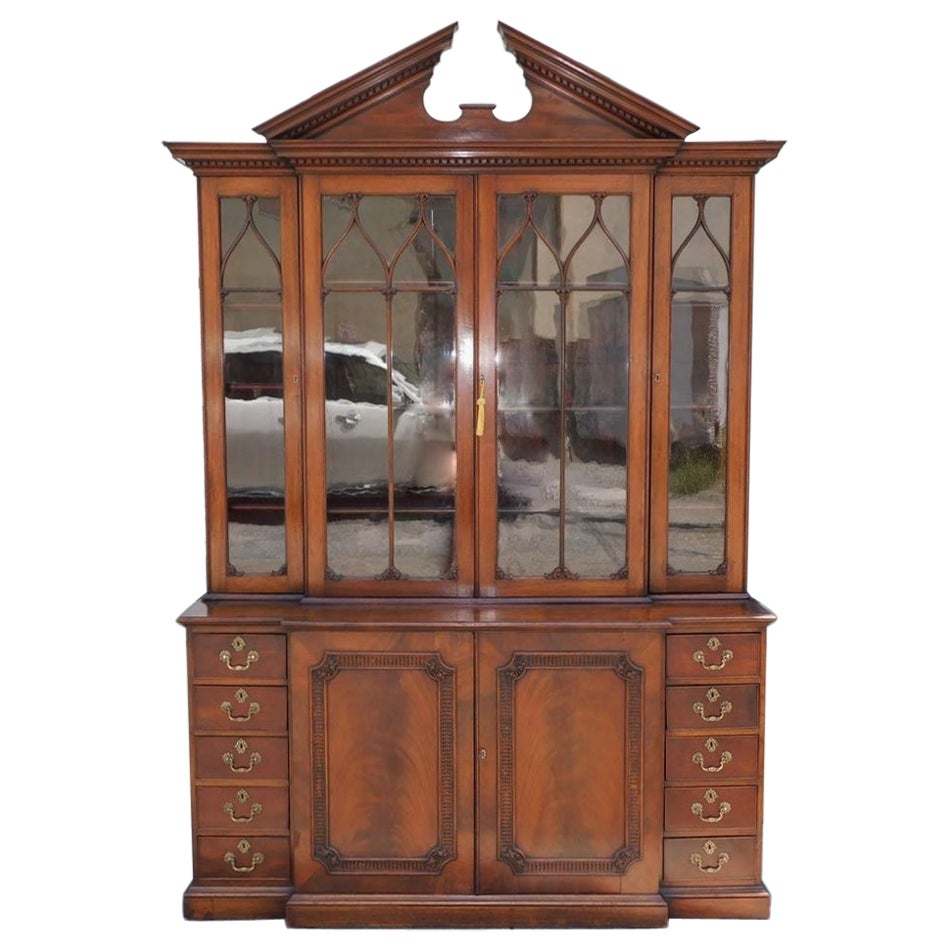 English Chippendale Mahogany Broken Arch Cornice Breakfront / Bookcase, C. 1780 For Sale