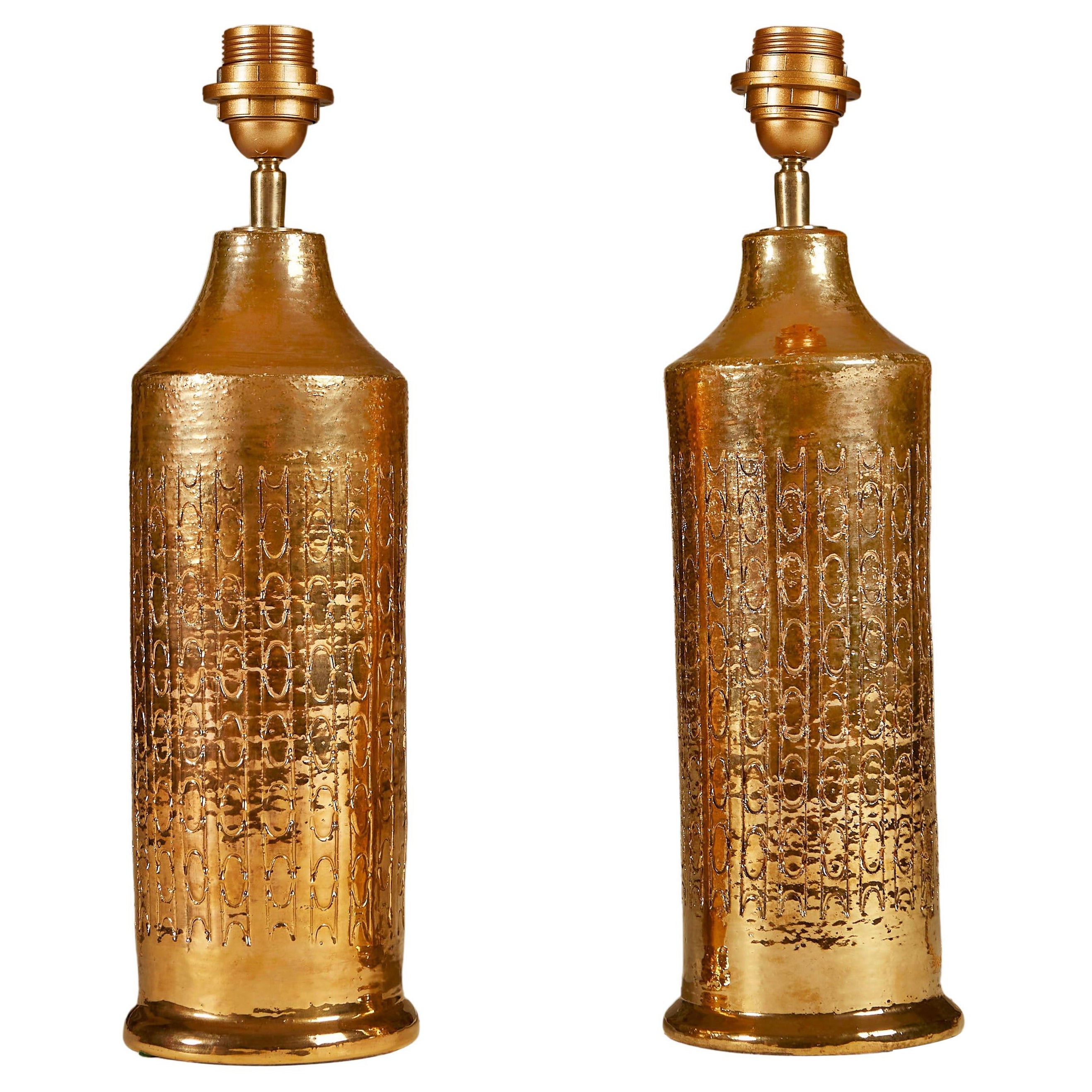 Paar schwedische vergoldete geschnitzte Tischlampen von Bitossi by Bergboms aus den 1960er Jahren im Angebot