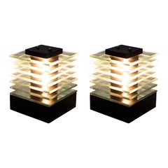 Pair of 1980s Glass Layered Cube Lights with wooden base and top