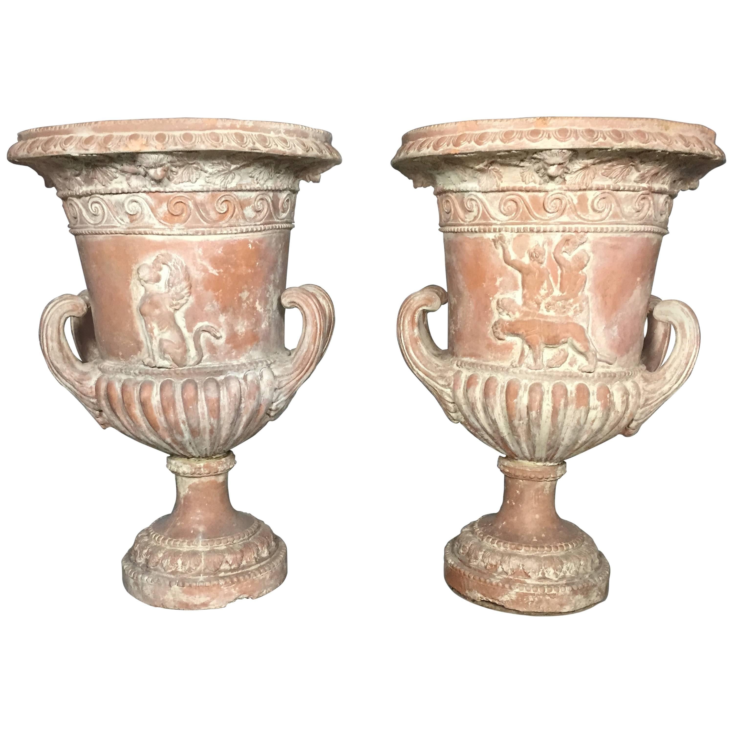 Pair of 37" Terracotta Greek Revival Figural Urns, 20th Century