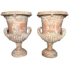 Vintage Pair of 37" Terracotta Greek Revival Figural Urns, 20th Century