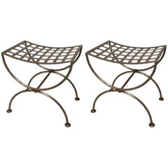 Pair of Brass-Trimmed Steel Lattice Benches