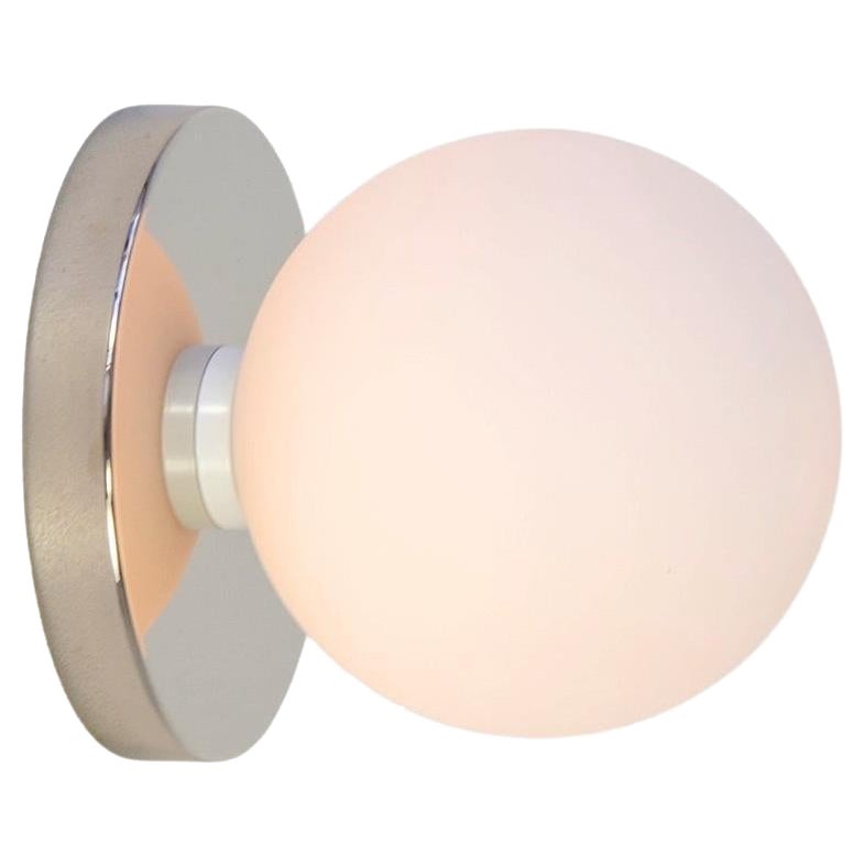 Globe Sconce by Research.Lighting, Polished Nickel, 5in Glass, In Stock For Sale