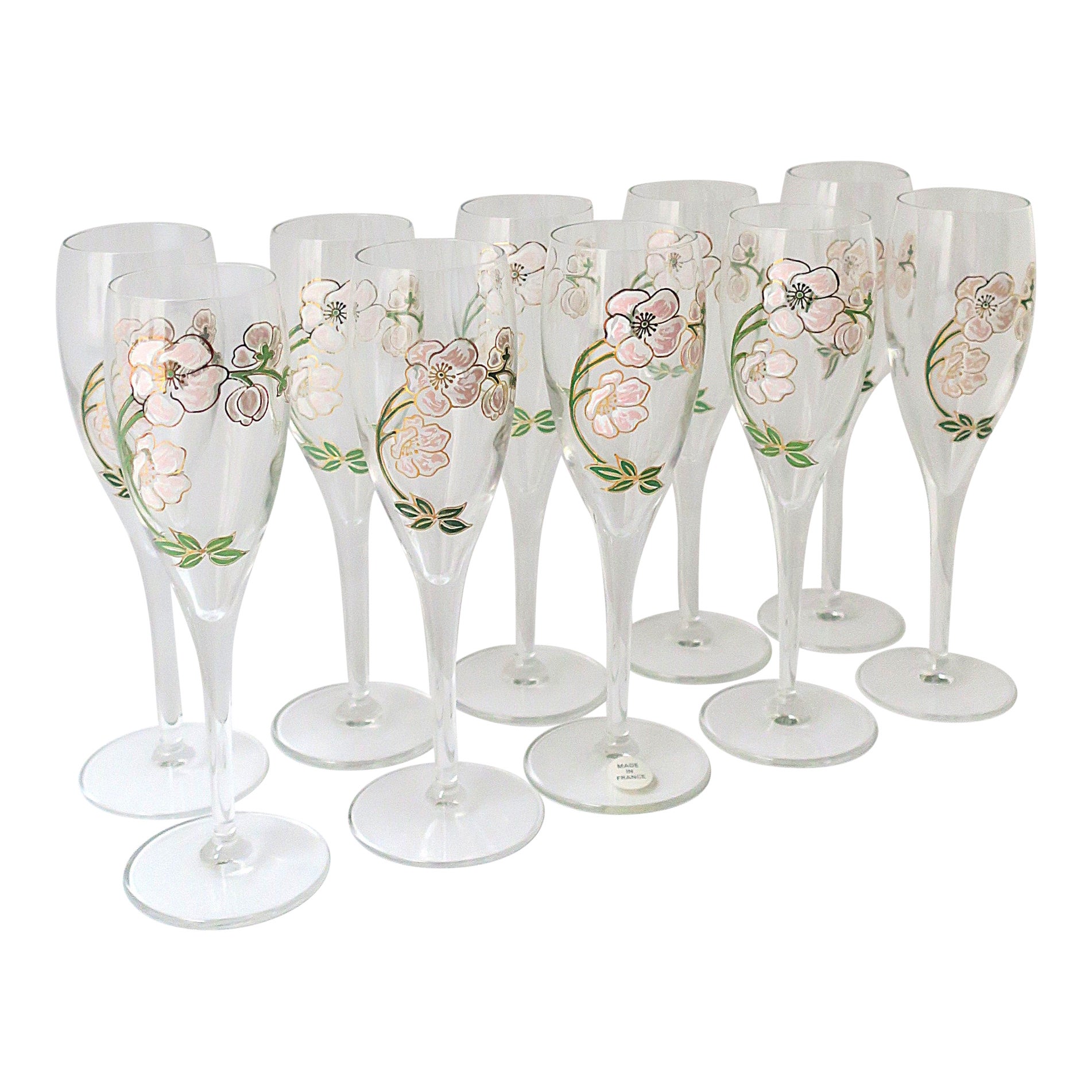 French Perrier-Jouet Champagne Flutes Glasses Art Nouveau, Set of 10