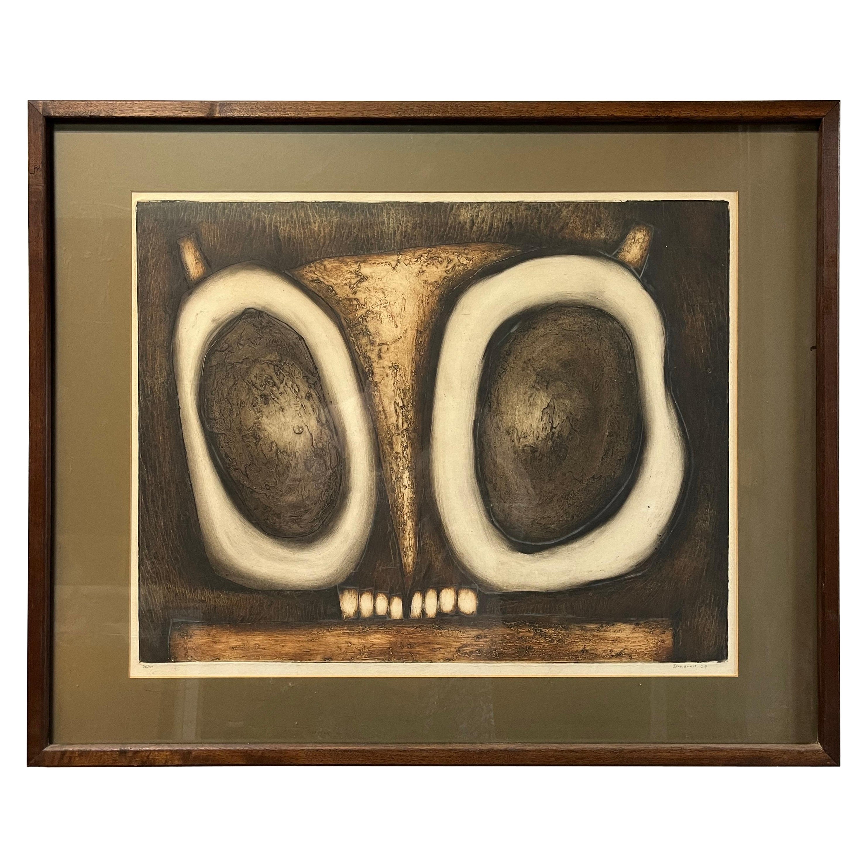 Mitte des Jahrhunderts Eule Joseph Demarais Lithographie Radierung im Angebot