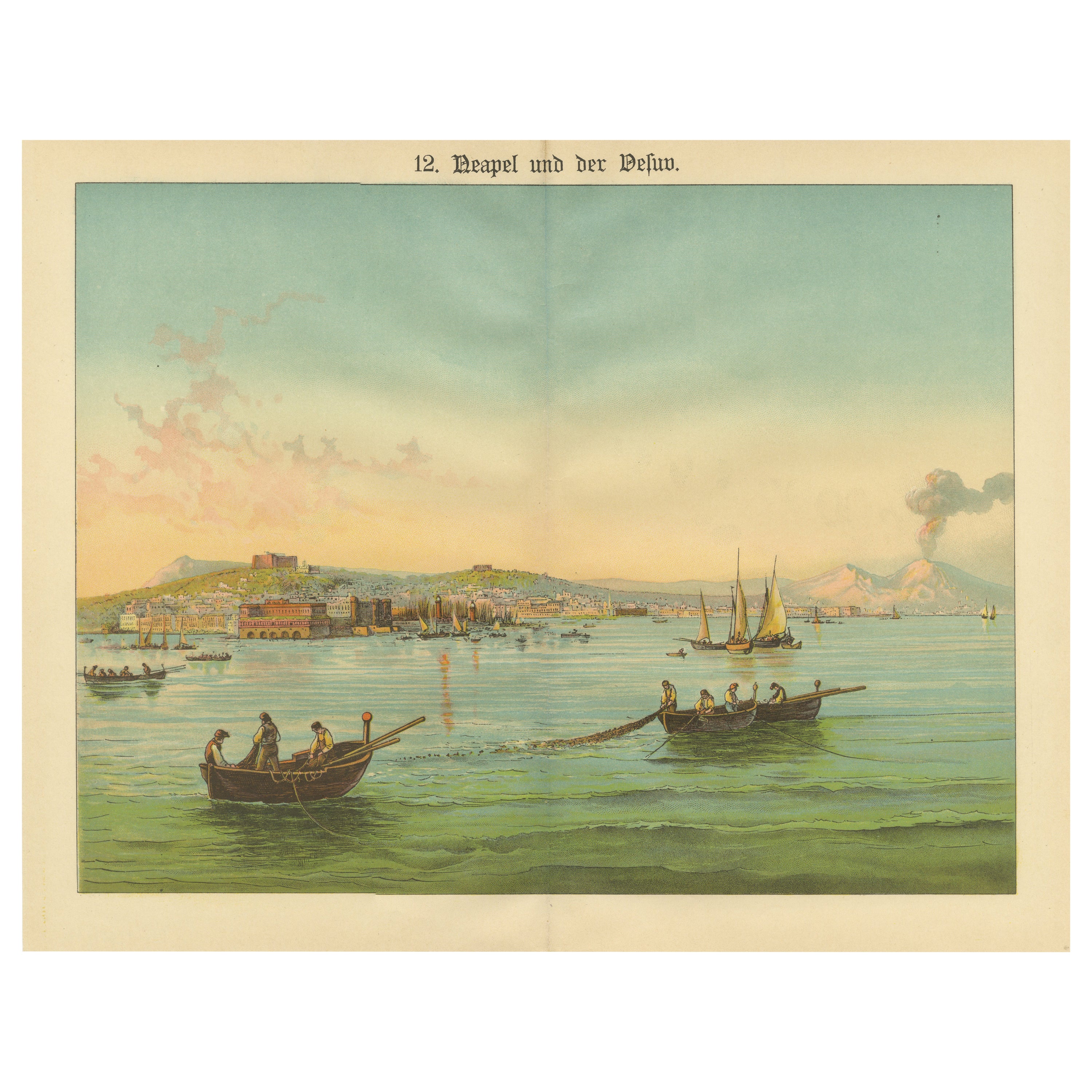 Antique Chromolithograph of Naples and Mount Vesuvius with Bay Scene, ca. 1890 For Sale