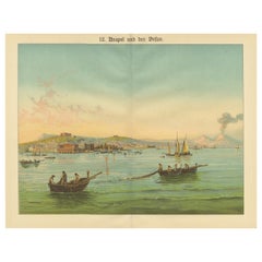 Antique Chromolithograph of Naples and Mount Vesuvius with Bay Scene, ca. 1890
