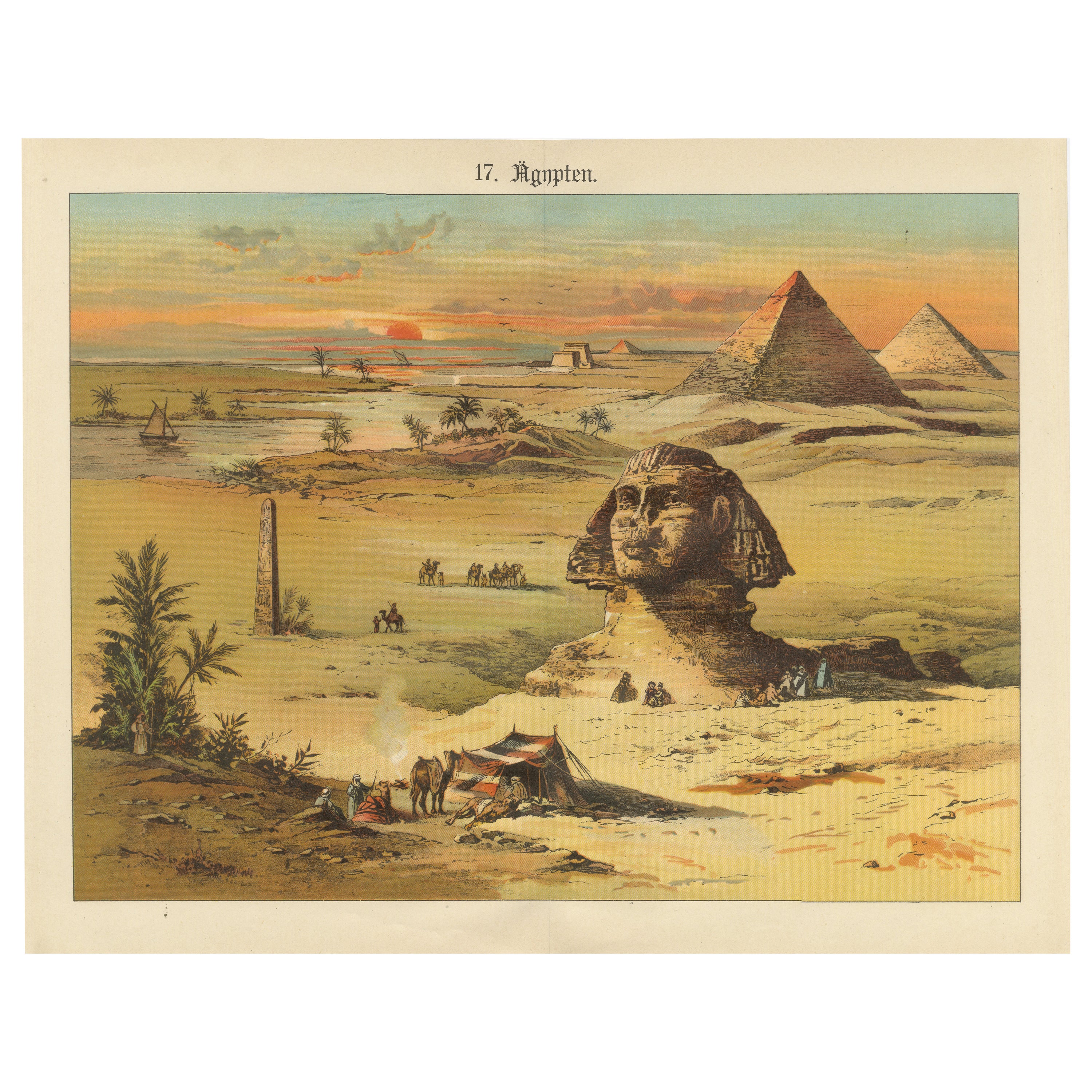 Antike Chromolithographie von Ägypten mit der Sphinx und den Pyramiden, um 1890