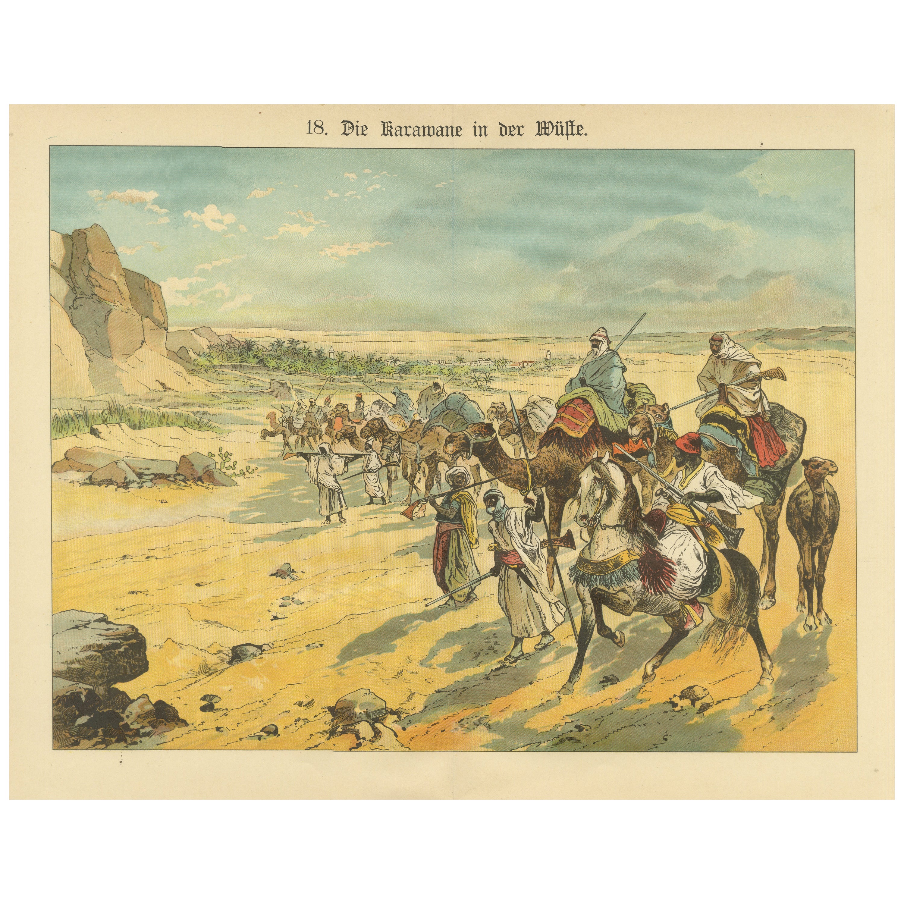 Antique Chromolithograph of a Desert Caravan Crossing an Oasis, ca. 1890