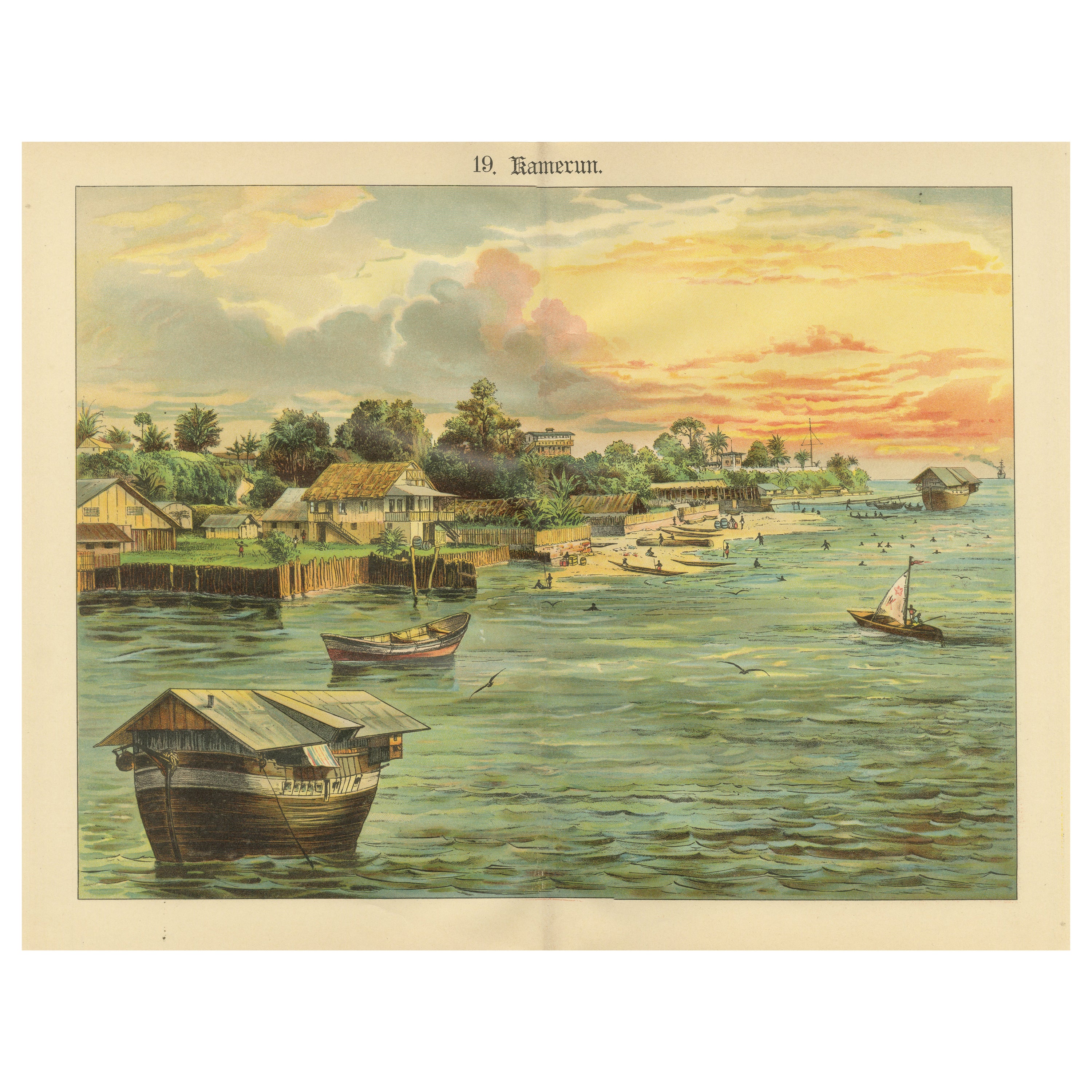 Antique Chromolithograph of Coastal Cameroon with Boats and Settlement, ca. 1890
