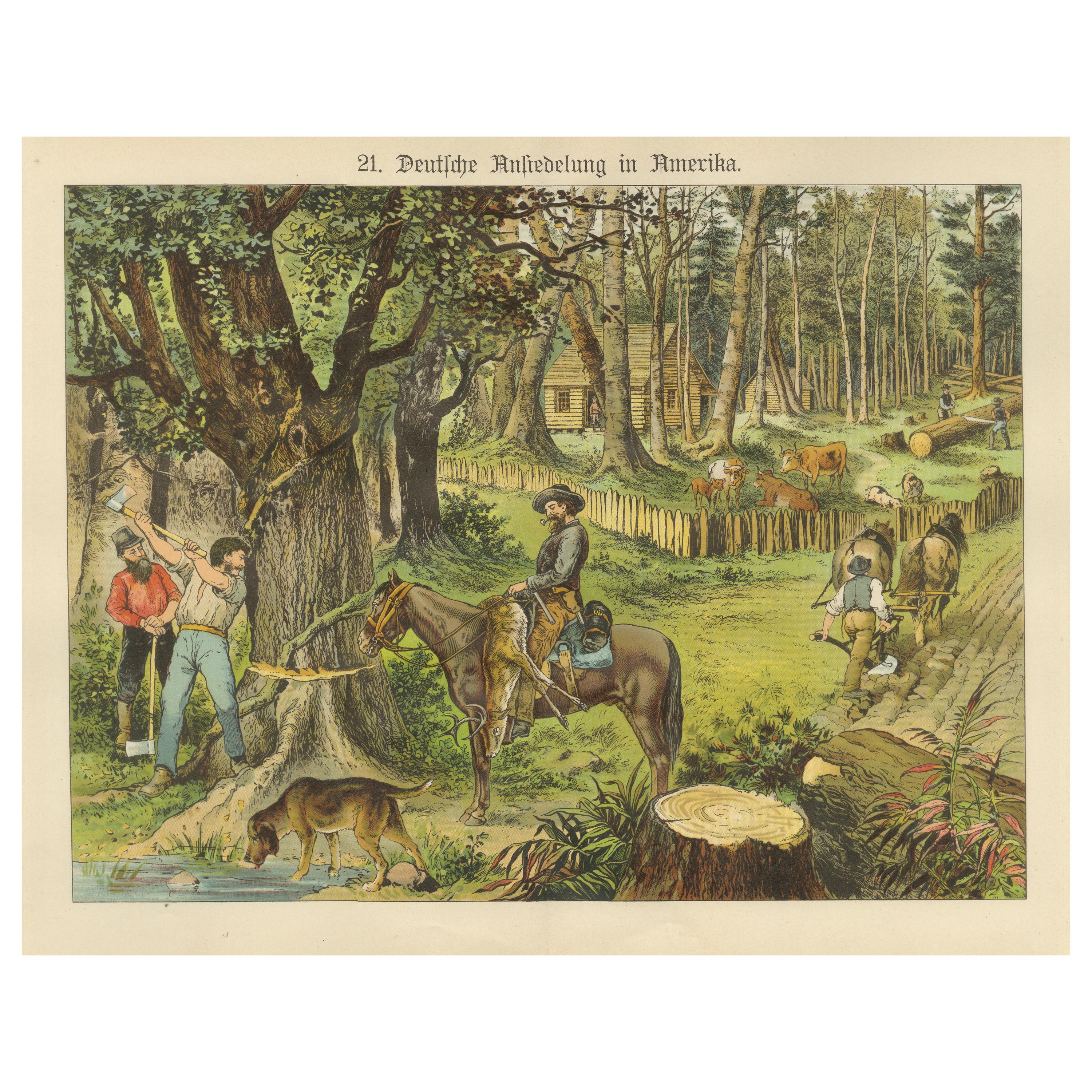 Antique Chromolithograph of German Settlement in America, circa 1890