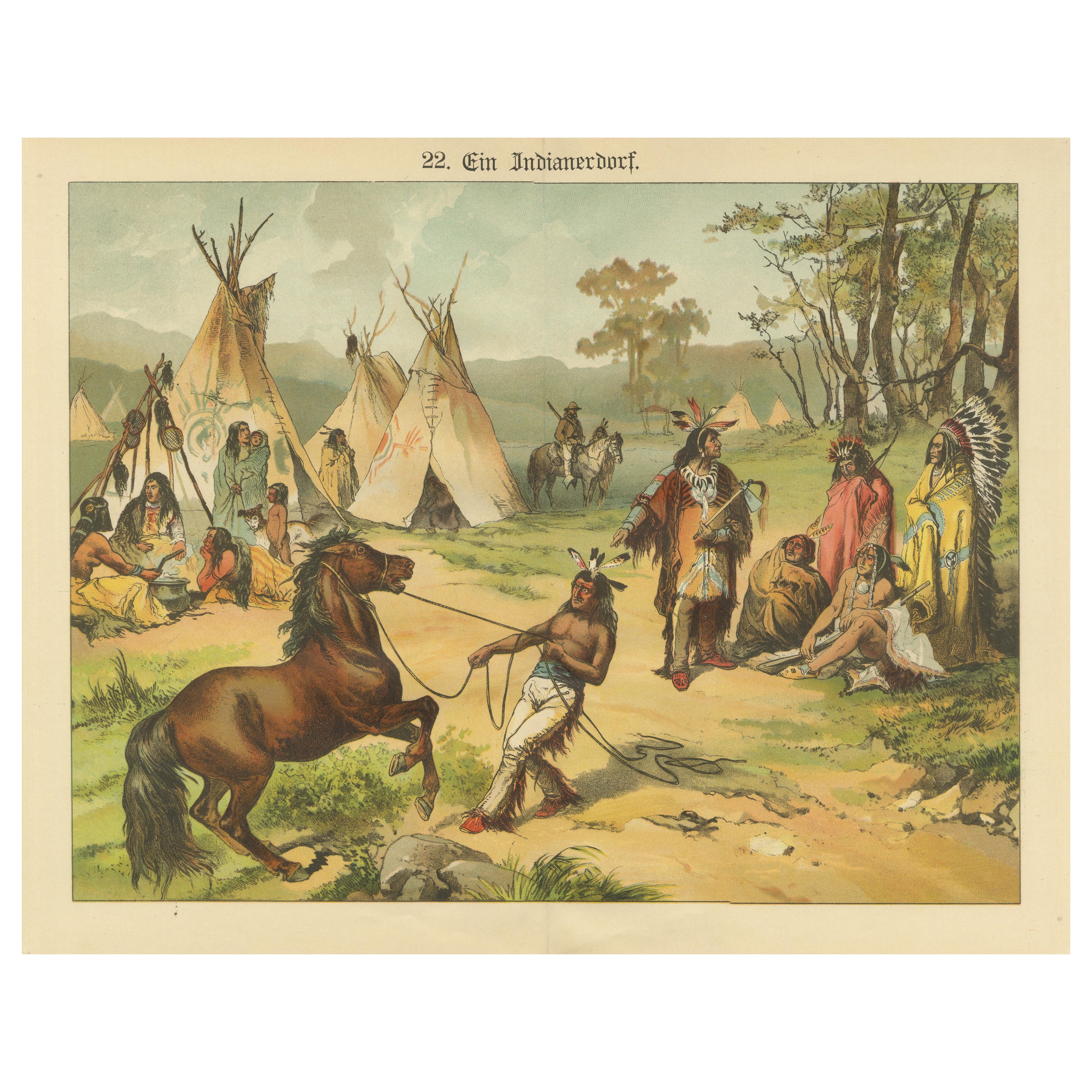 Antique Chromolithograph of a Native American Village Scene, circa 1890