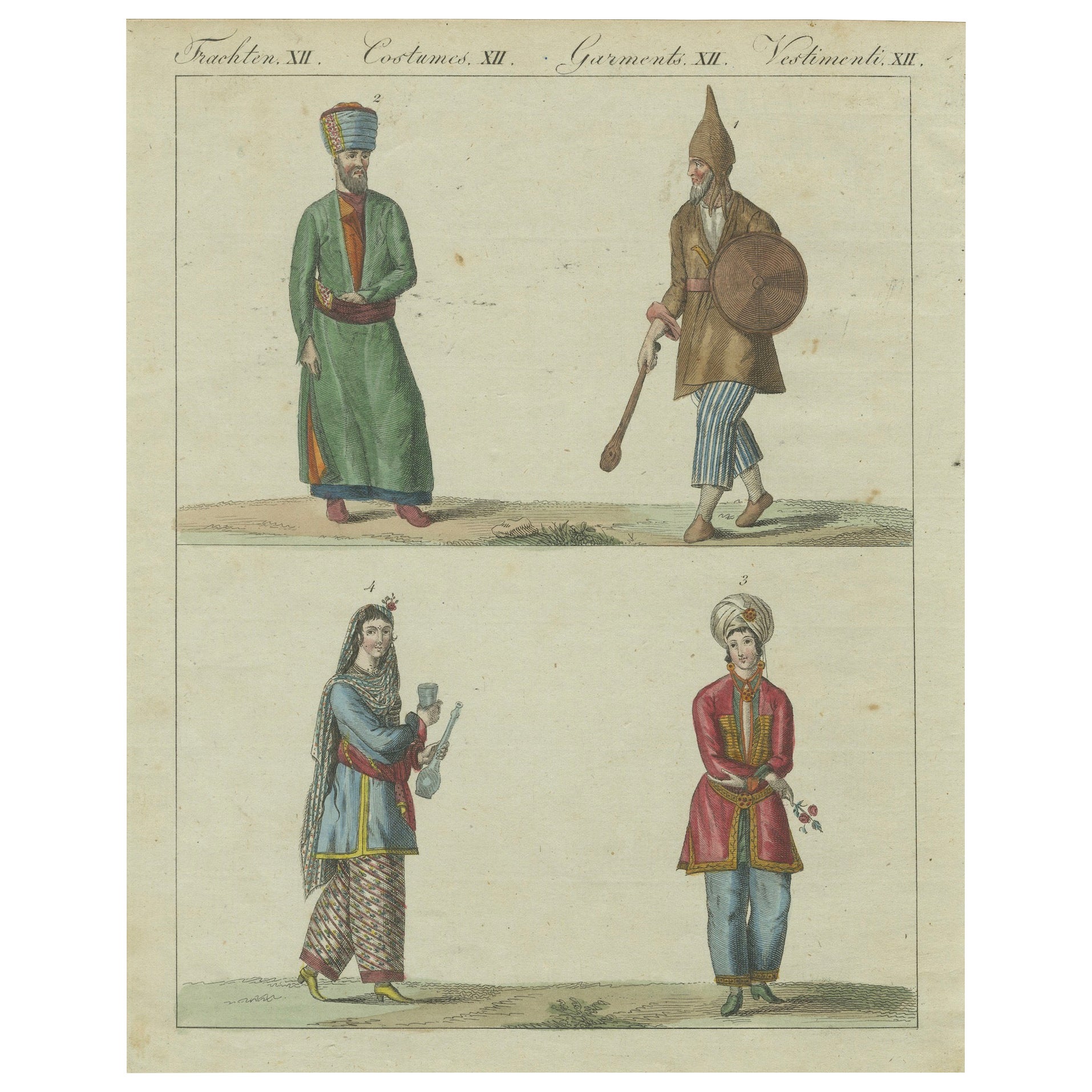 Antique Hand-Colored Print of Turkish or Ottoman Costumes Plate XII, circa 1800 For Sale