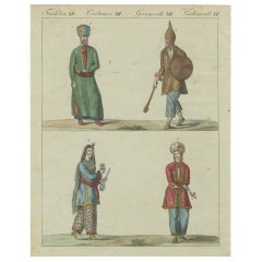 Antique Hand-Colored Print of Turkish or Ottoman Costumes Plate XII, circa 1800