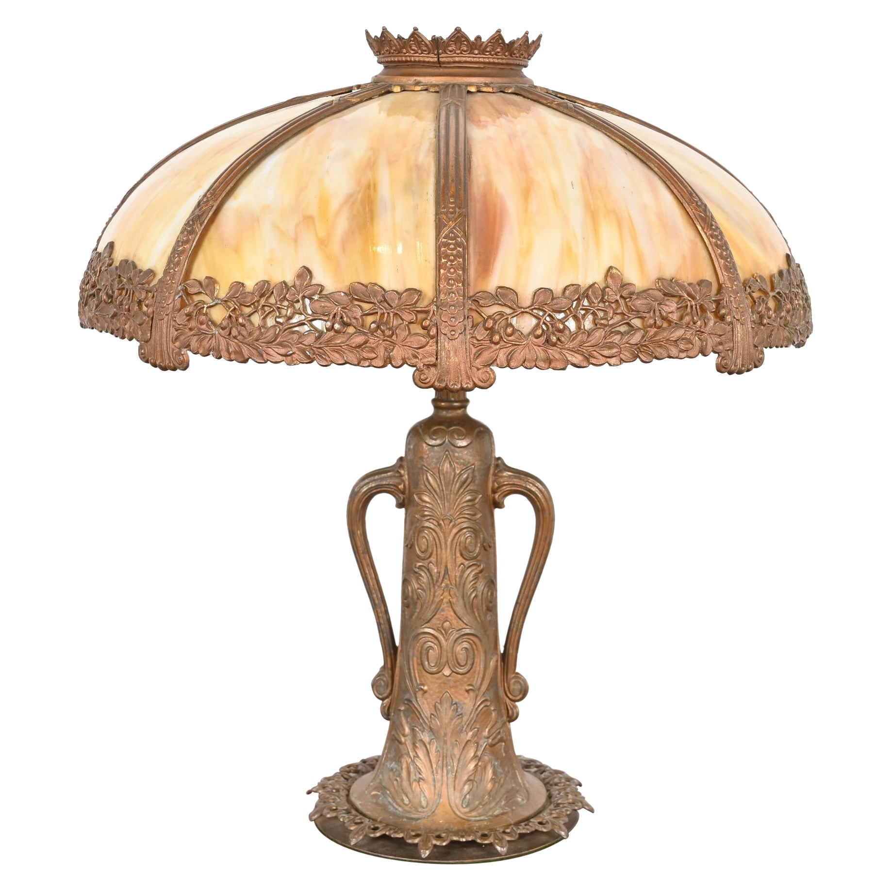 Antique Art Nouveau Slag Glass Table Lamp in the Manner of Handel, Circa 1920s For Sale