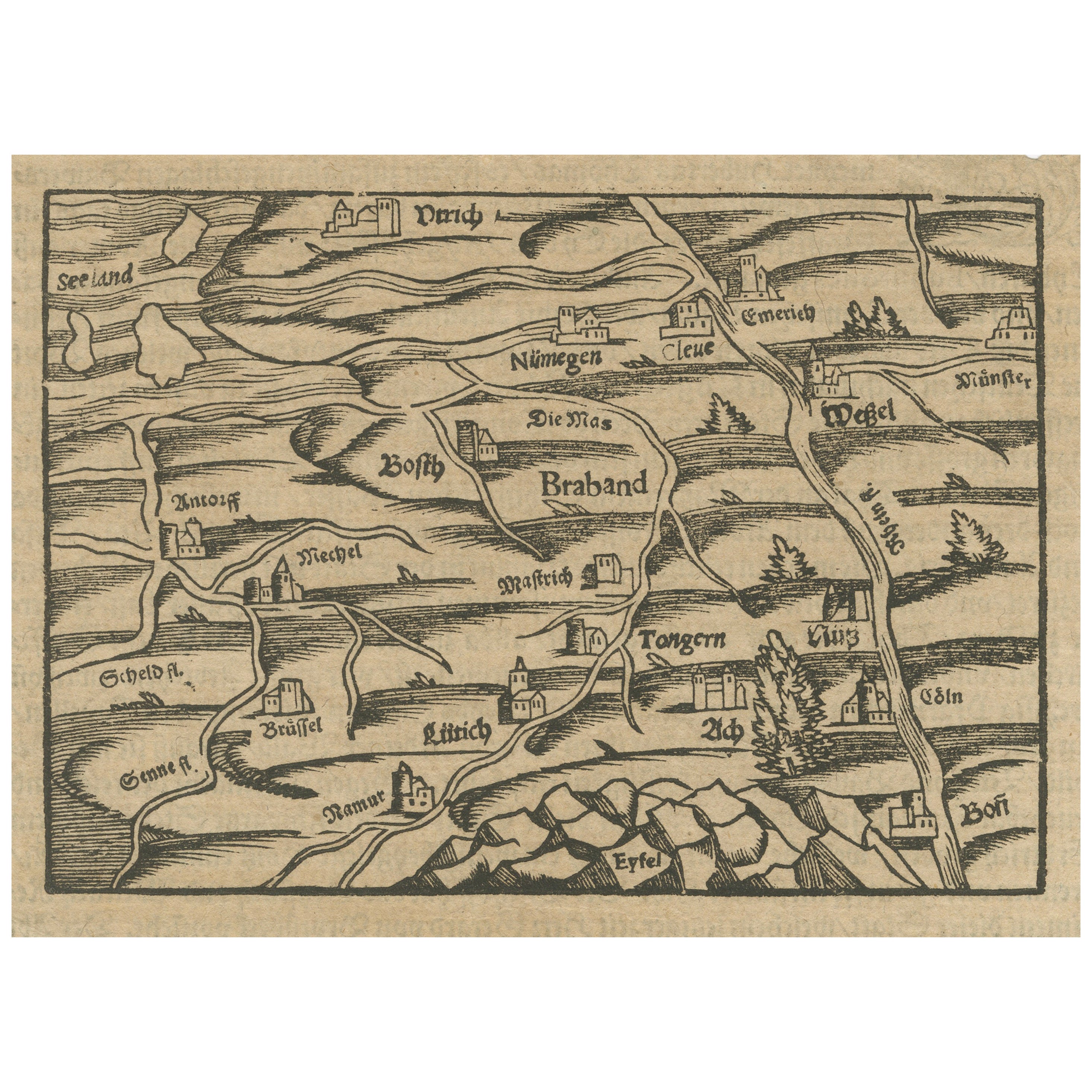 Rare 16th Century Woodcut Map of Brabant and the Rhine Valley, circa 1549 For Sale
