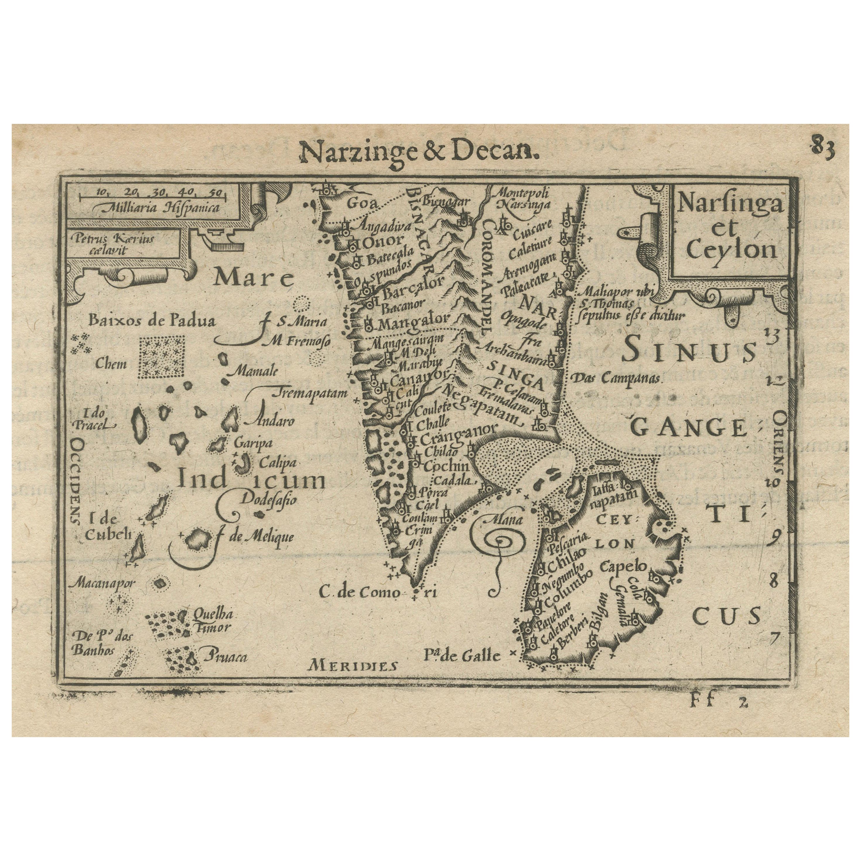 1616 Mapa de Petrus Kaerius del sur de la India y Ceilán - Narsinga et Ceylon en venta