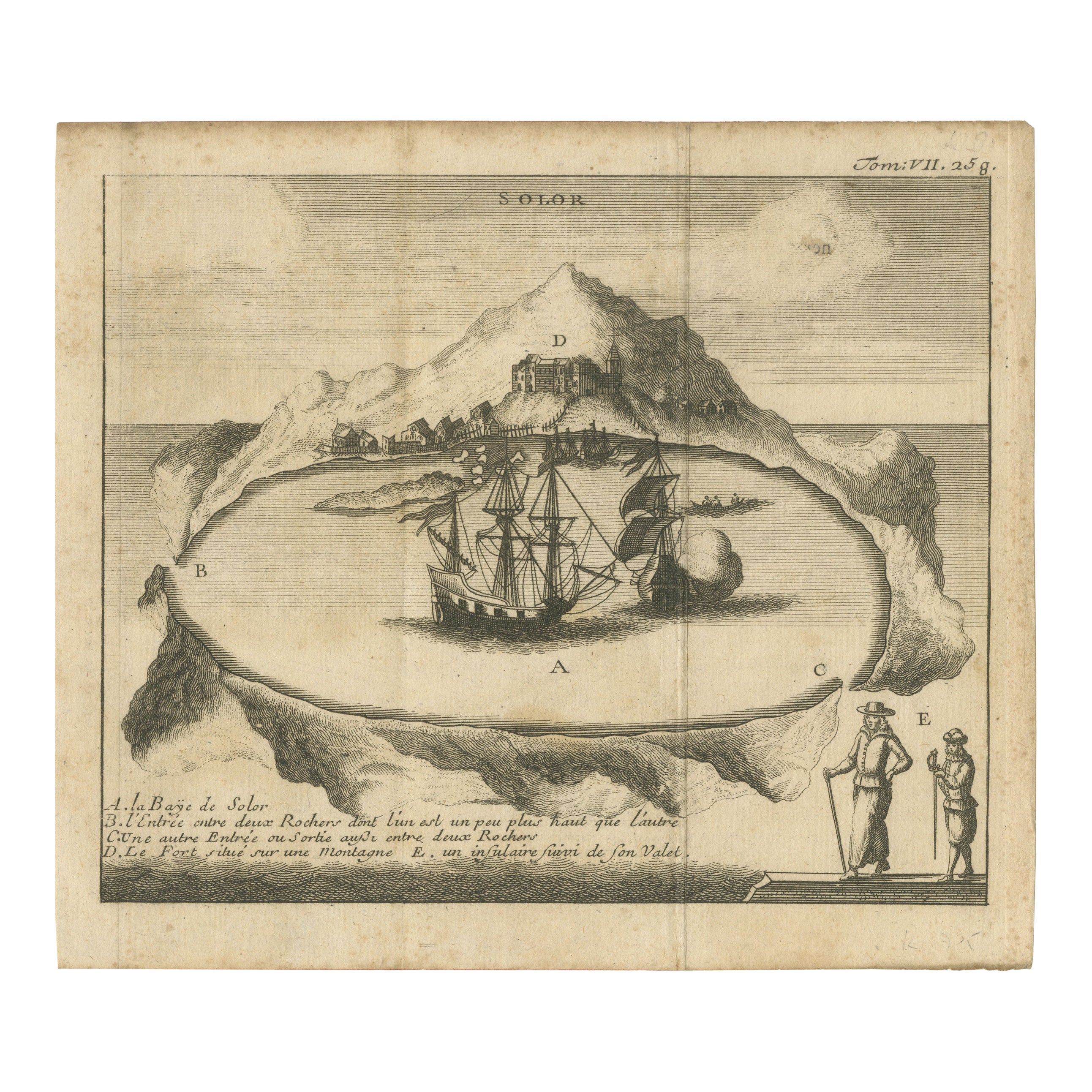Rare 17th Century Engraving of Solor Island Fort and Bay, Indonesia, circa 1670 For Sale