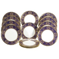 Used 16 Royal Doulton Cobalt Blue Dinner Plates, Raised Paste Gold Rose Medallions