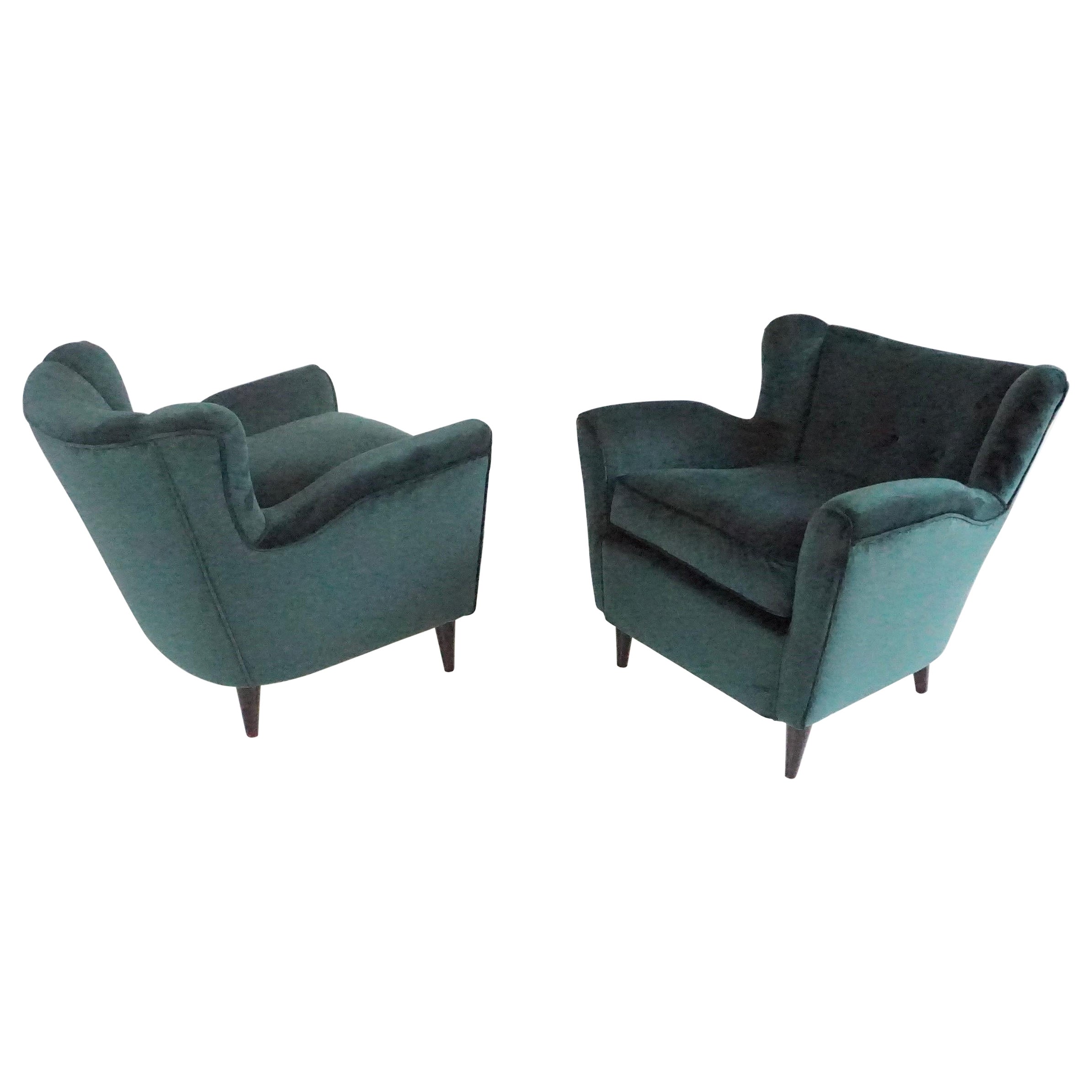 par de finos sillones de terciopelo verde bosque de Maurizio Tempestini, Florencia, 1938 en venta