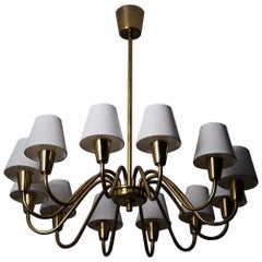 Lustre à 12 bras en laiton et tissu, designer suédois, années 1960