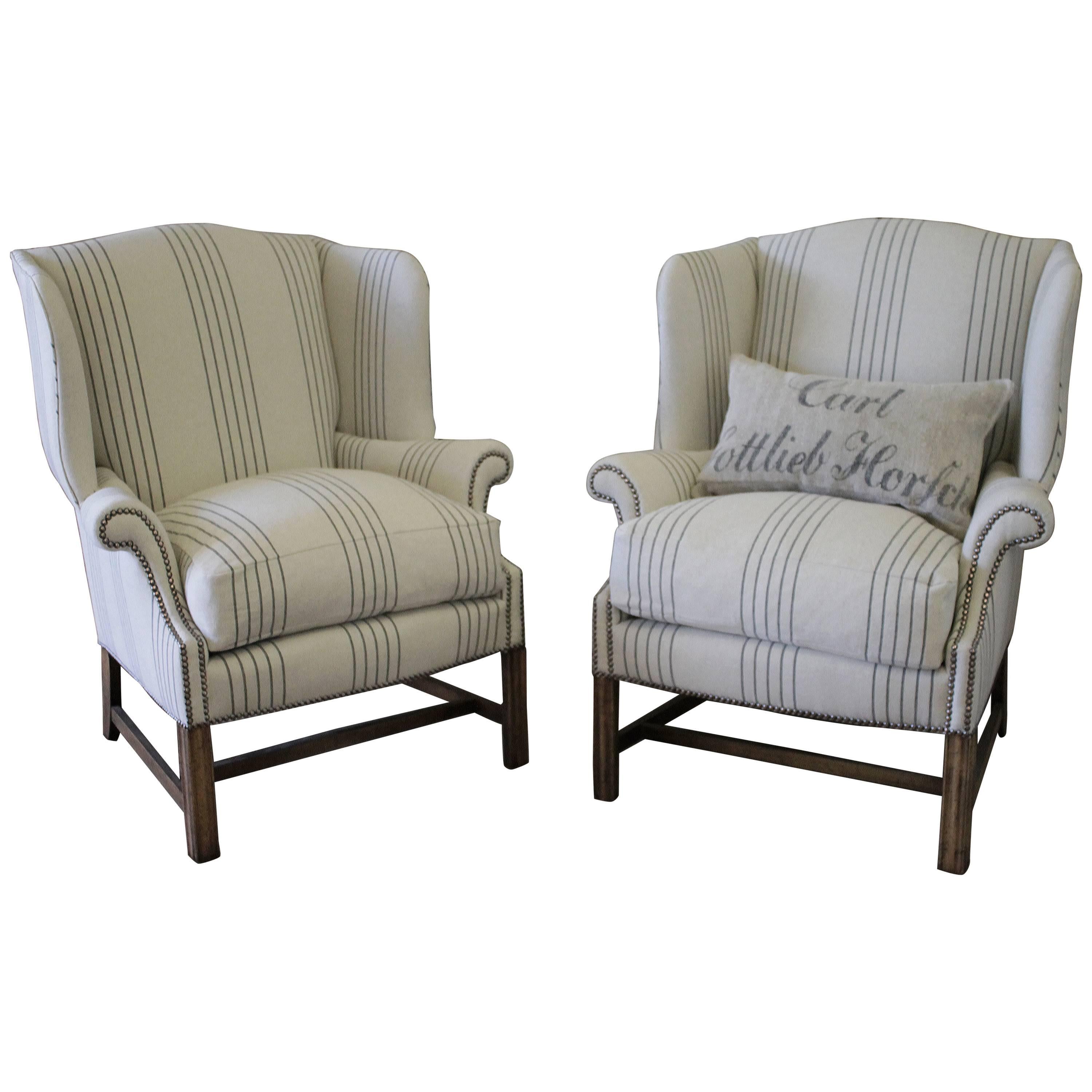 Pair of French Linen Wingback Chairs