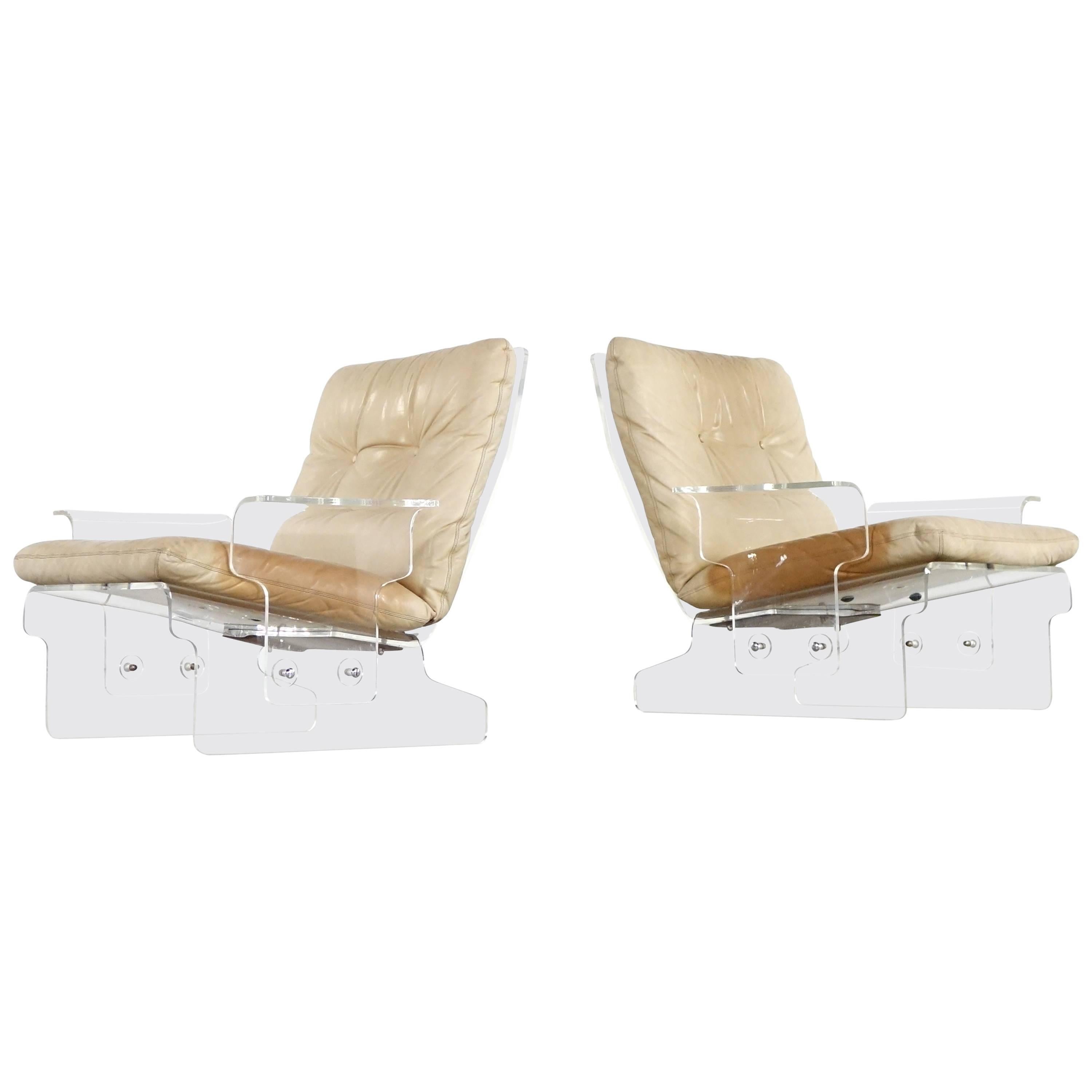 Two Lucite Baumann Lounge Chair, Sleigh System 1966, Leather Padded Acrylic