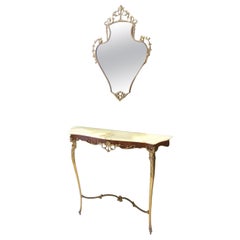 Miroir mural et console avec dessus en onyx et cadre en laiton, Italie