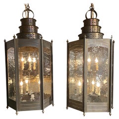 Pair of Large Metal Six-Light Lanterns or Chandeliers with Glass Panels