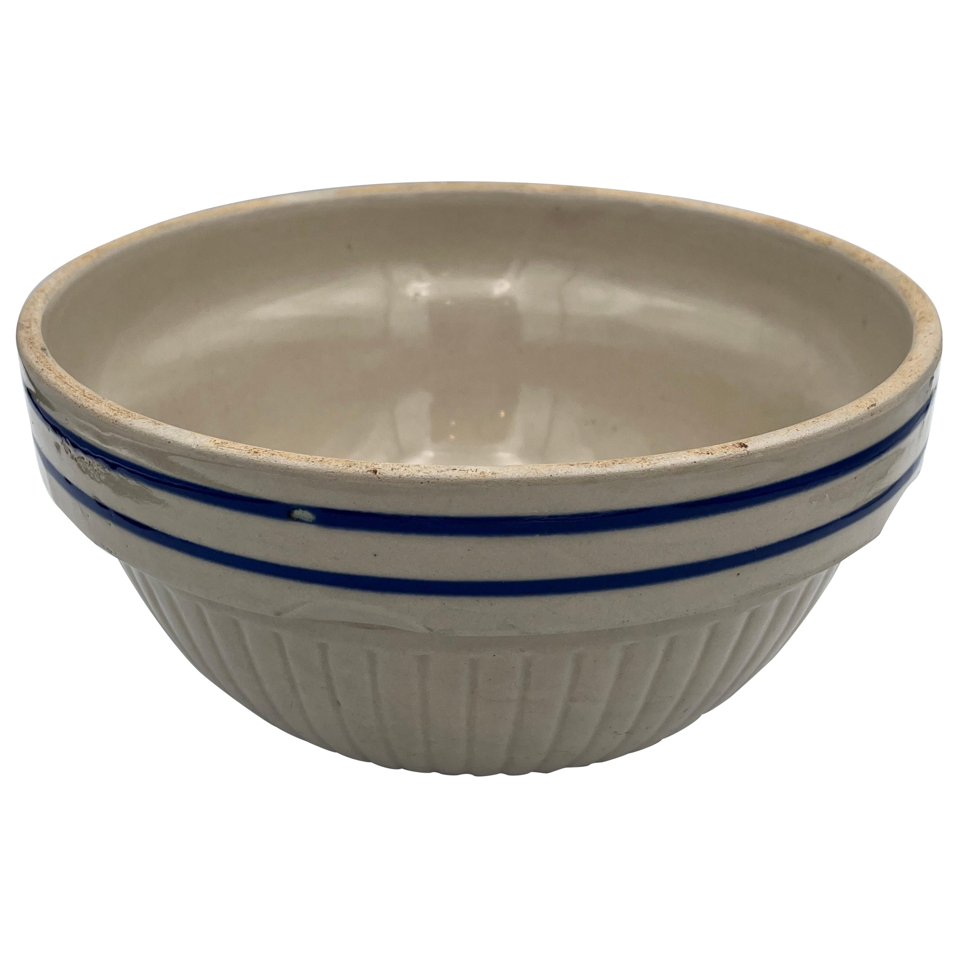 1930's Red Wing Ceramic Mixing or Serving Bowl Tan with Blue Lines For Sale