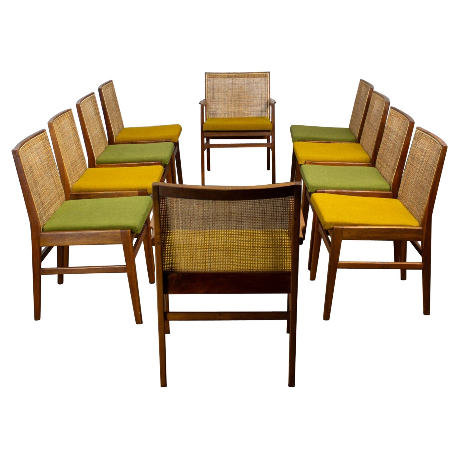 1960's MCM Hibriten Satz von 10 Nussbaum & Cane Esszimmerstühle 2 bewaffnet und 8 Seite im Angebot