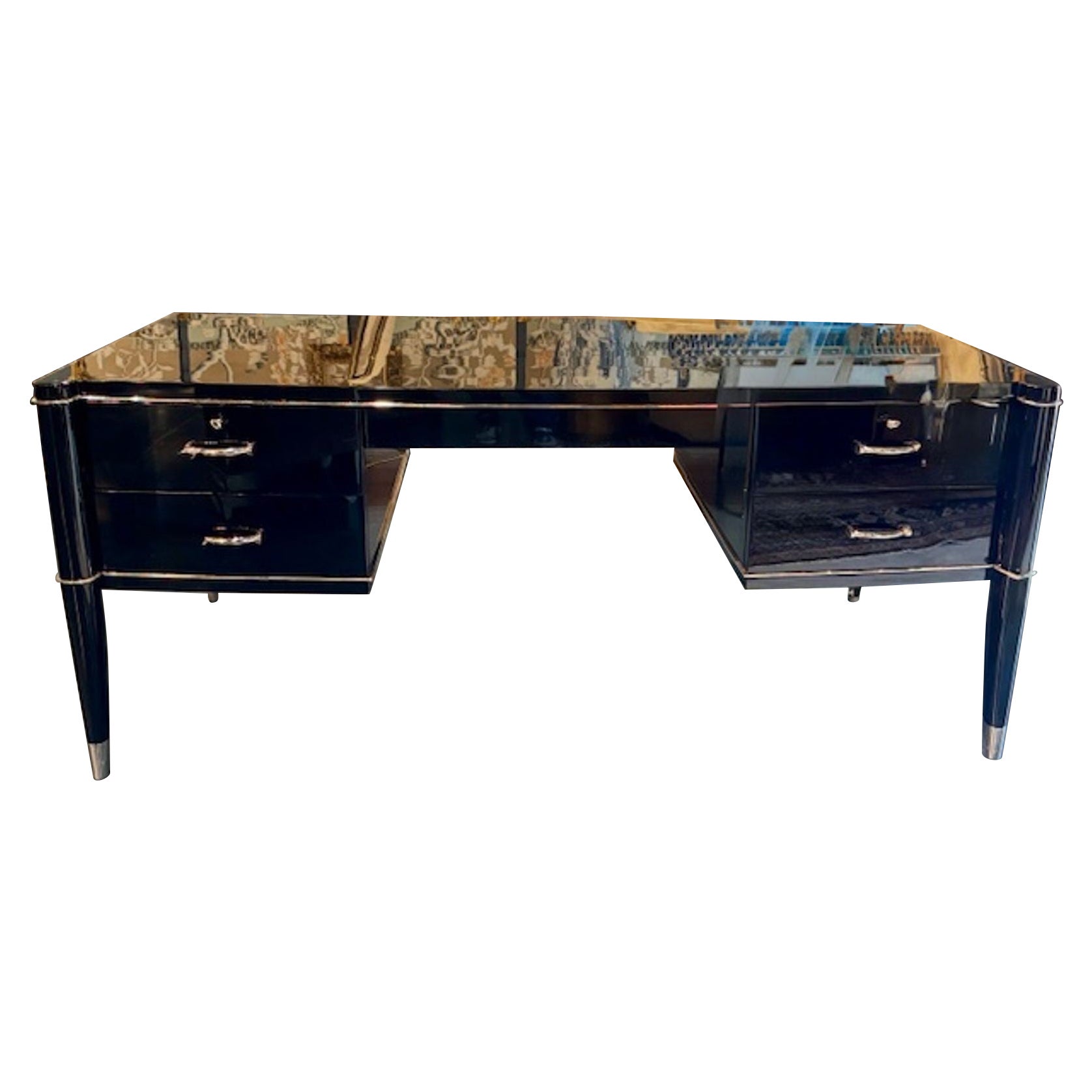 Fine De Coene Freres Piano Black Lacquered Desk in vendita
