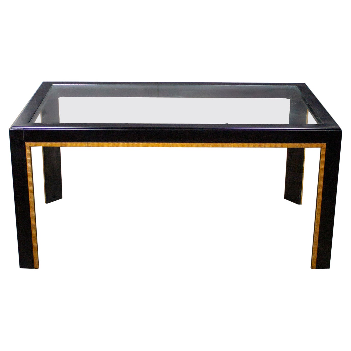 Modern Parsons Style Dining Table Black Painted w/Faux Rattan Trim & Glass Inset For Sale