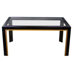 Modern Parsons Style Dining Table Black Painted w/Faux Rattan Trim & Glass Inset