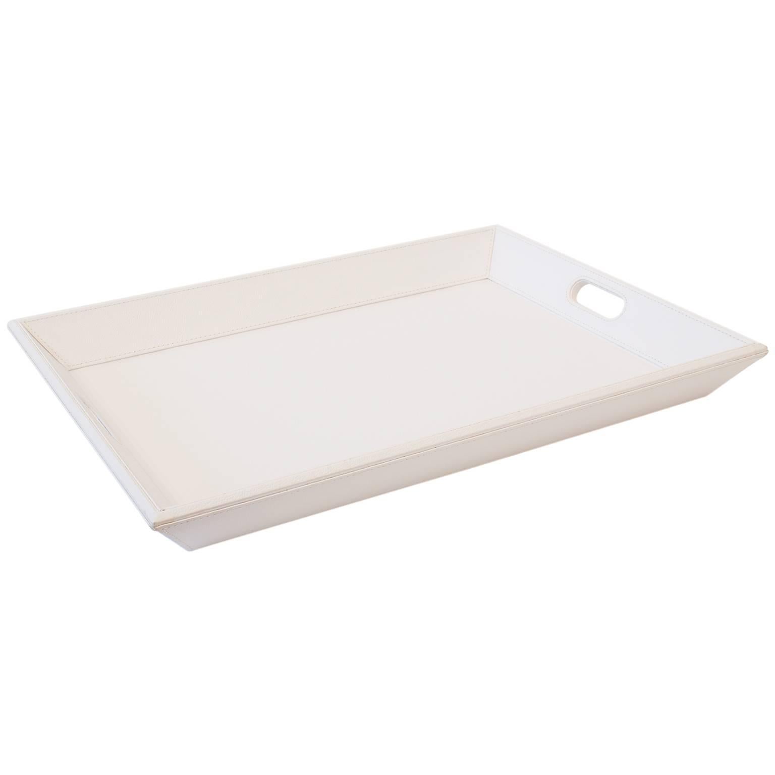 Exceptional Hand-Stitched White Leather Tray For Sale