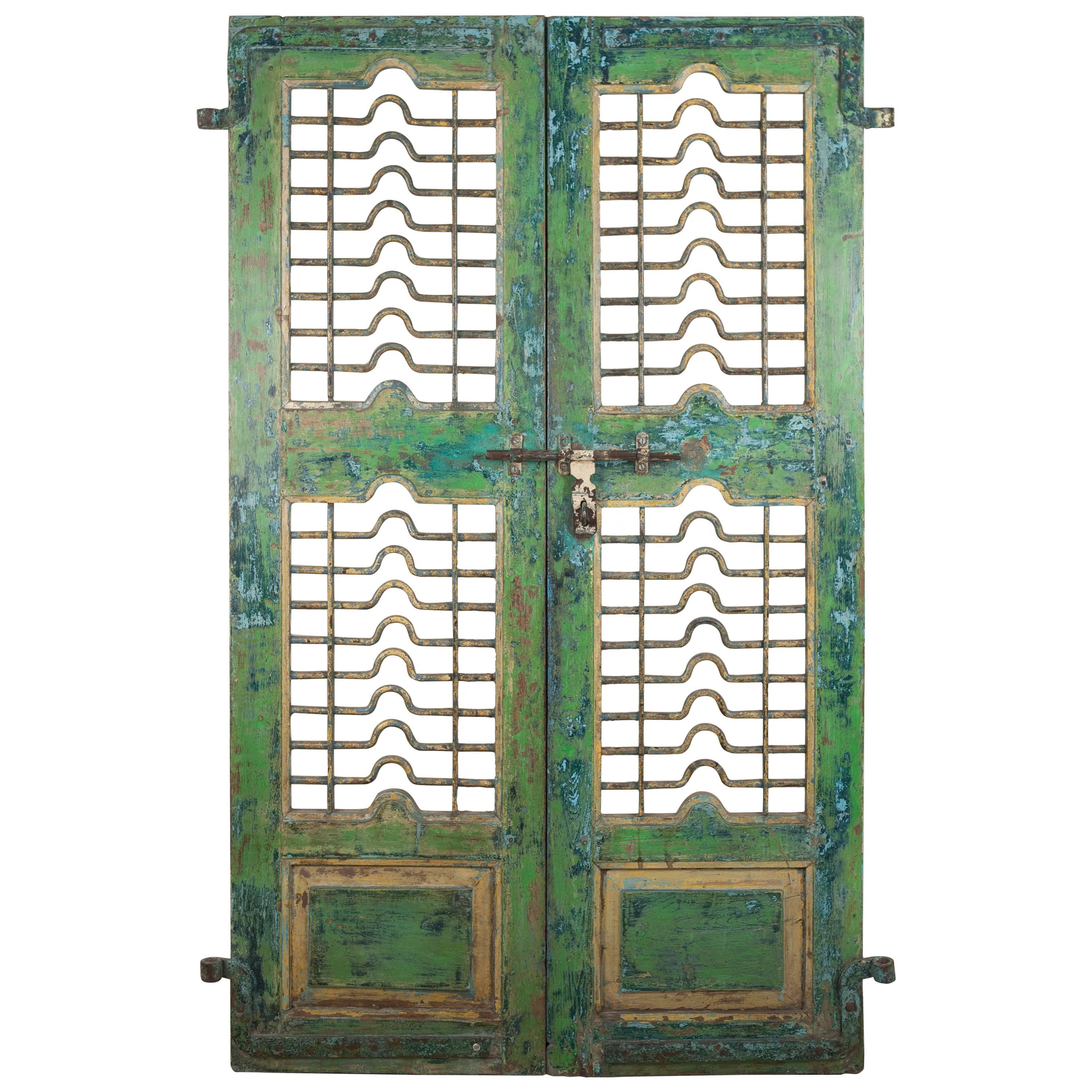 Painted Teak and Iron Door or Courtyard Gate from India